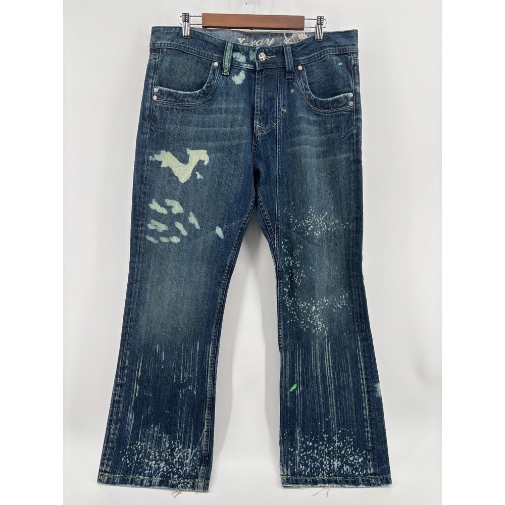 XRAY Mens Bootcut Jeans Blue Denim Splatter Bleach Whisker 36x32.5 Regular Fit